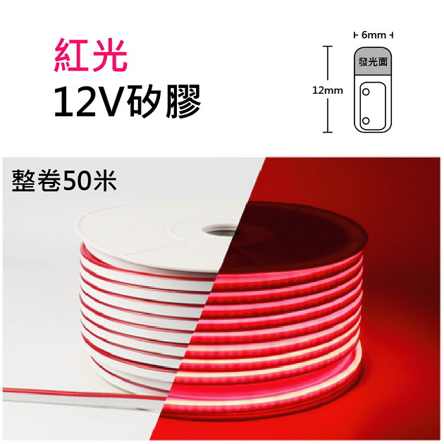 紅光-帶皮色6×12mm／12V／120燈／可2.5cm剪／一米10W-2835進口硅膠柔性燈帶-IP65
