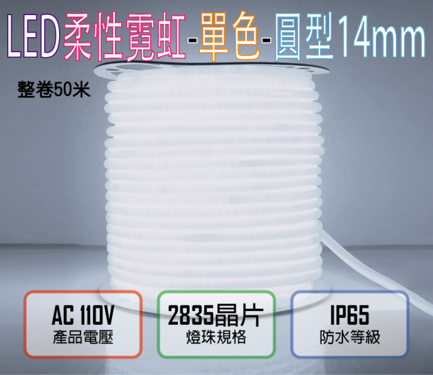 白光110V／120燈／米剪／4.5W-圓迷你2835柔性燈帶-14mm-IP65-50米／卷