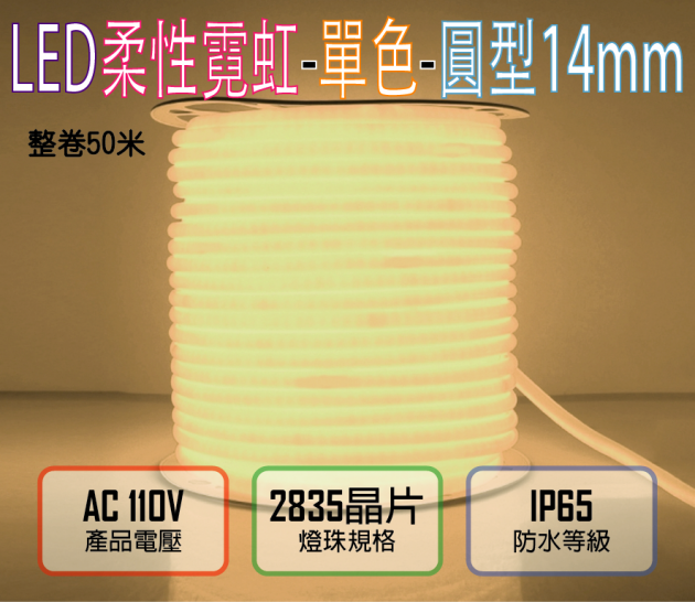 暖白光110V／120燈／米剪／4.5W-圓迷你2835柔性燈帶-14mm-IP65-50米／卷